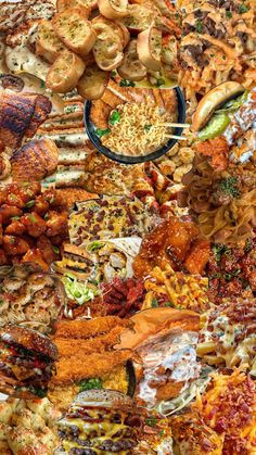 many different types of food are spread out on the table to make a collage