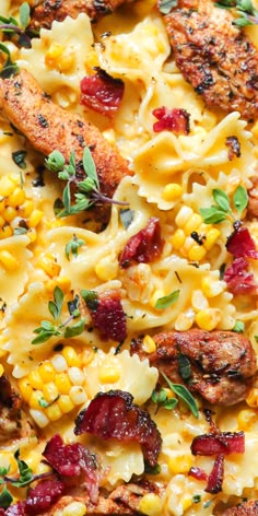 Creamy Chicken Pasta with Corn and Bacon - close-up photo.