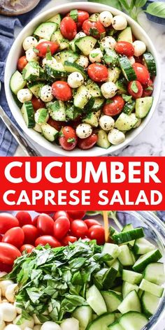 cucumber and caprese salad with text overlay