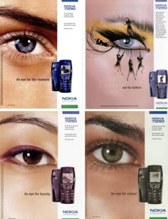 an advertisement for the new nokia cell phone with pictures of women's eyes and men's hair
