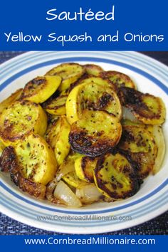grilled yellow squash and onions on a blue and white plate with text overlay