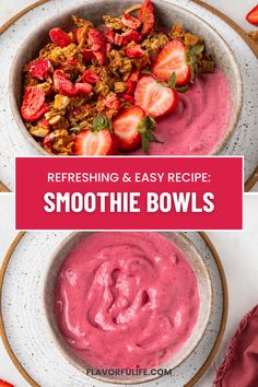 two bowls filled with smoothie and strawberries