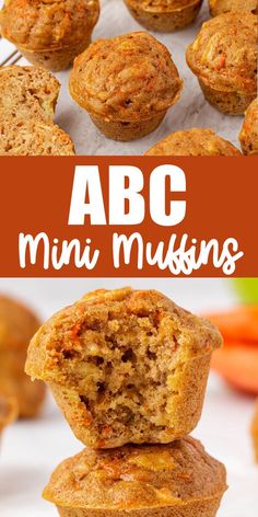muffins stacked on top of each other with the words abc mini muffins above them