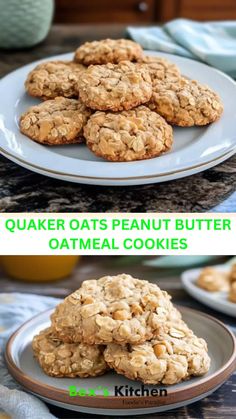 oatmeal peanut butter cookies on a plate with the words, quick and easy
