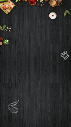 an overhead view of food on a wooden table