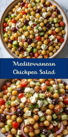 two bowls filled with chickpea salad next to each other on top of a table
