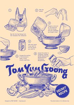 an advertisement for tom yuy goog's recipe book, with instructions on how to cook