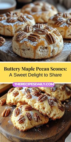 buttery maple pecan scones on a wooden platter with text overlay