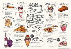 an advertisement with different types of food and drinks in japanese characters on it's side
