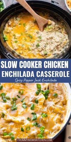 slow cooker chicken enchilada casserole in a skillet