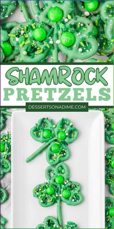 shamrock pretzels on a white plate with the words shamrock pretzels