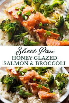 sheet pan honey glazed salmon and broccoli served over rice on a white plate