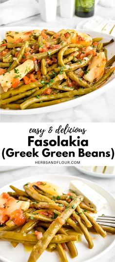 two plates with green beans and chicken on them, one has been cooked and the other is