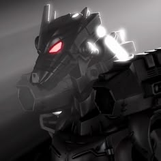 a black and white photo of a robot with red eyes looking at something in the distance