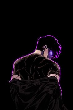 a man with his back turned to the camera, wearing a black shirt and purple eyes