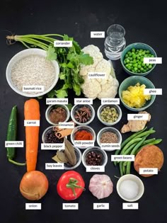 an array of different foods are shown on a black surface, including carrots, cauliflower, beans, peas, and broccoli