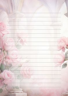 a blank lined paper with pink roses in the center and an arch to the right