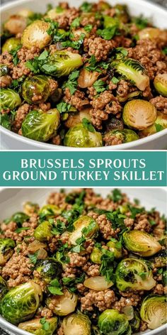 brussel sprouts and ground turkey skillet is shown in two bowls
