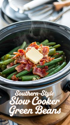 Southern-style slow cooker green beans with crispy bacon, sautéed onions, and melting butter for a hearty comfort food recipe