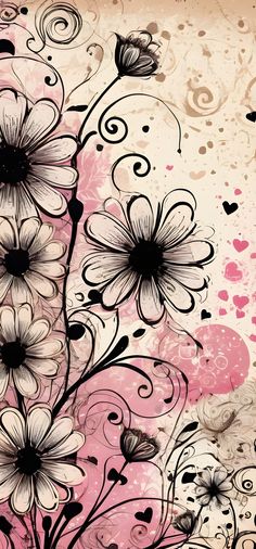 an abstract floral background with hearts and swirls in pink, black and white colors