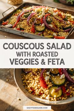 couscous salad with roasted veggies and feta in a pan on a table
