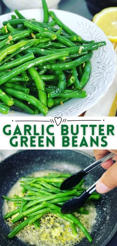 garlic butter green beans in a skillet with lemon wedges and seasoning on the side