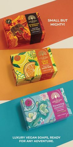three boxes of soap with different designs on them