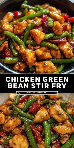 chicken and green bean stir fry in a skillet with the words chicken green bean stir fry
