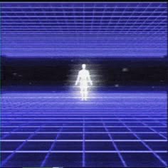 an image of a man standing in the middle of a blue screen with lines on it