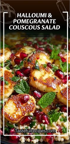 a close up of food on a plate with the words hallouni and pomegranate couscous salad