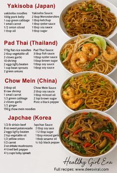 a menu with different types of noodles and shrimp in bowls on top of each other