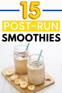 two mason jars filled with banana smoothie on top of a cutting board next to bananas