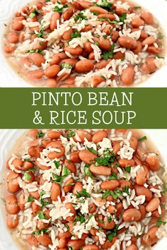 pinto beans and rice soup in a white bowl