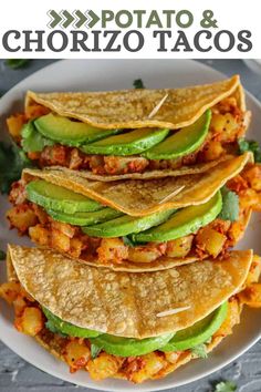 three tacos stacked on top of each other with the title overlay above it