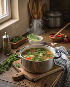 a pot filled with soup sitting on top of a wooden cutting board next to a window