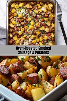 oven roasted smoked sausage and potatoes in a casserole dish with text overlay