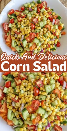 two plates filled with corn salad on top of a wooden table