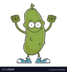 a cartoon pickle character with one hand up and the other two hands in the air