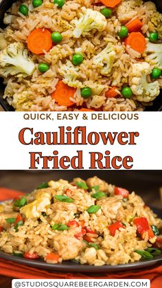cauliflower fried rice with peas and carrots in a skillet