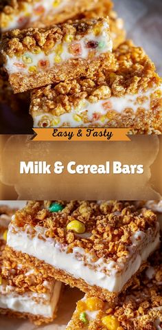 several different bars stacked on top of each other with the words easy & tasty milk and cereal bars