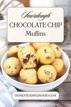 chocolate chip muffins in a white bowl on a wooden table with text overlay