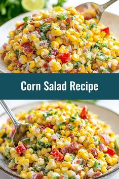 corn salad in a white bowl with a spoon