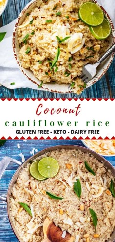 coconut cauliflower rice in a skillet with limes on top and another serving dish