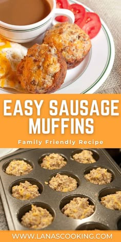 an easy sausage muffin recipe is shown in this collage with text overlay