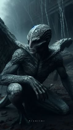 a creature sitting on the ground with its wings spread out in front of it's face