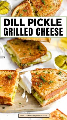 the grilled cheese sandwich is cut in half and served with pickles on the side