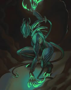 an alien with glowing green arms and legs