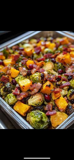 a pan filled with brussel sprouts and bacon