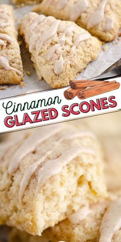cinnamon glazed scones on a baking sheet with the words cinnamon glazed scones above them