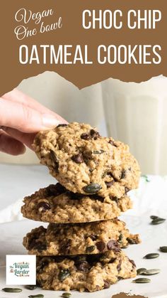 vegan one bowl oatmeal cookies stacked on top of each other with text overlay